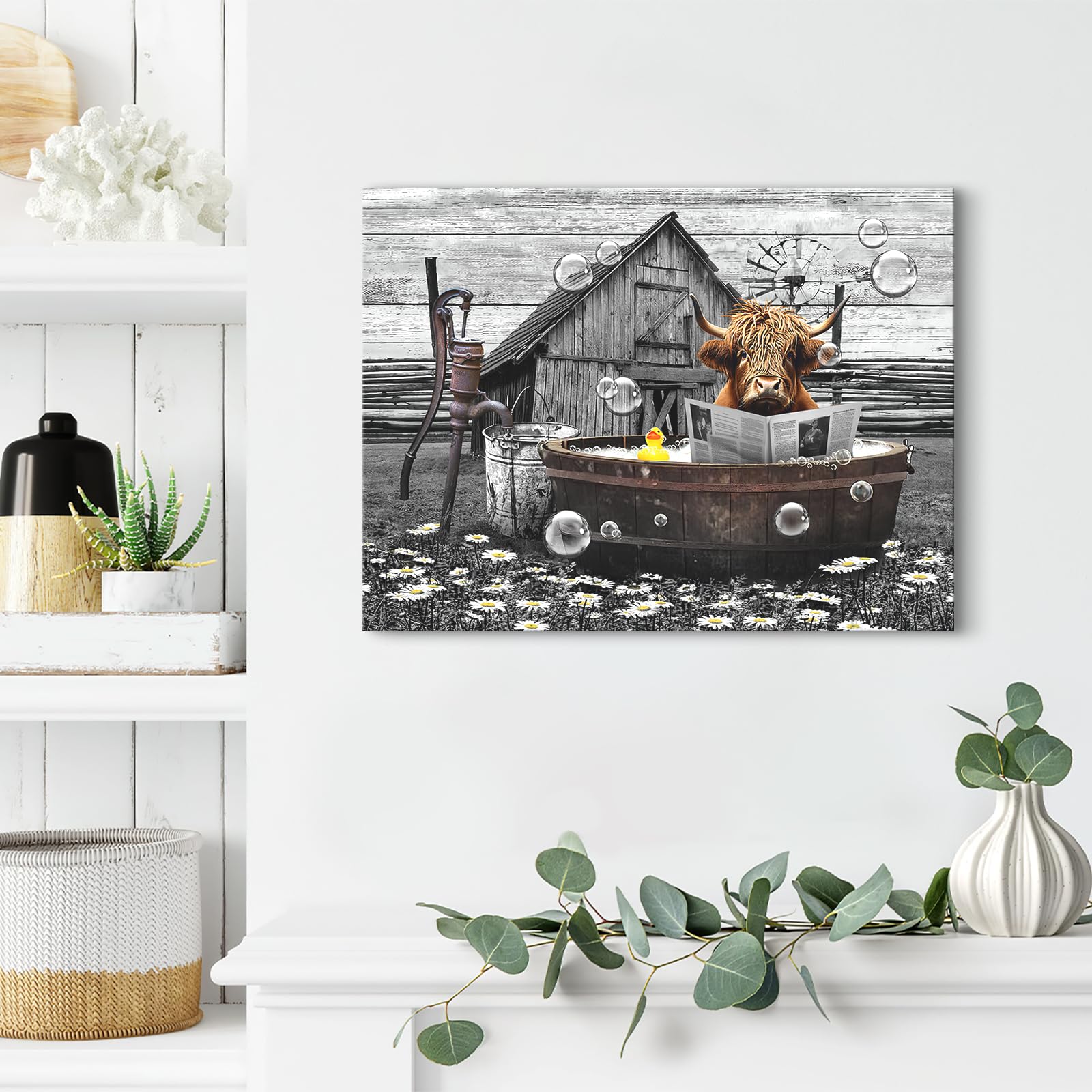 Farmhouse Bathroom Decor Wall Art Highland Cow In Bathtub Reading Newspaper Pictures Rustic Bathroom Funny Cattle Painting For B